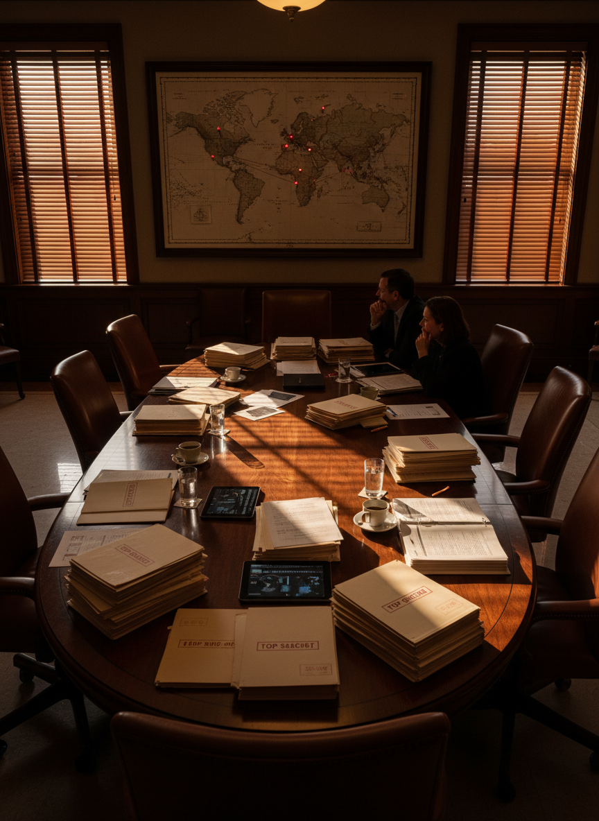 A sophisticated, photorealistic image evoking national security through a policy and intelligence lens — not military hardware. A dimly lit, elegant government briefing room with dark wood paneling, a long oval table, and leather chairs. Classified documents and folders scattered across the table, a world map on the wall with strategic markers. Warm amber light filtering through venetian blinds, casting long shadows. The atmosphere is tense, cerebral, and secretive — the kind of room where high-stakes decisions about state security and geopolitics are made quietly. Sophisticated and authoritative tone.